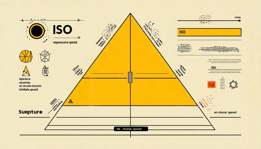 Diagram showing the interplay between ISO, Aperture, and Shutter Speed forming the exposure triangle in photography