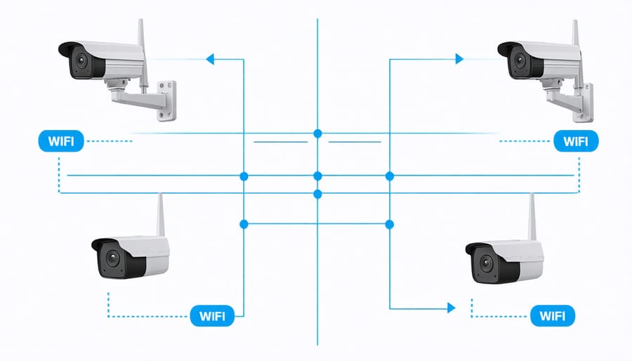 Overhead view of a home layout with suggested WiFi camera placement for effective coverage