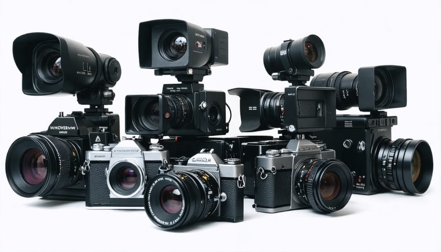 Assortment of retro analog video cameras using film and magnetic tape recording