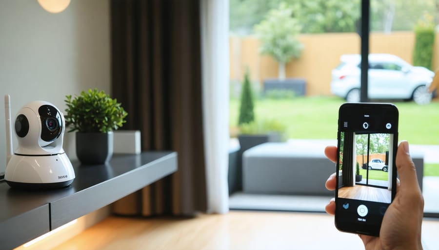 A WiFi smart camera positioned in a modern living room, showcasing its indoor surveillance view with a smartphone displaying the camera feed, ideal for remote home monitoring.