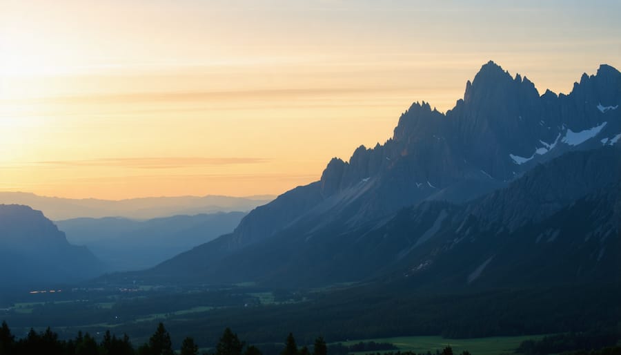 Panoramic photograph showing a sweeping mountain landscape with dramatic sunset colors