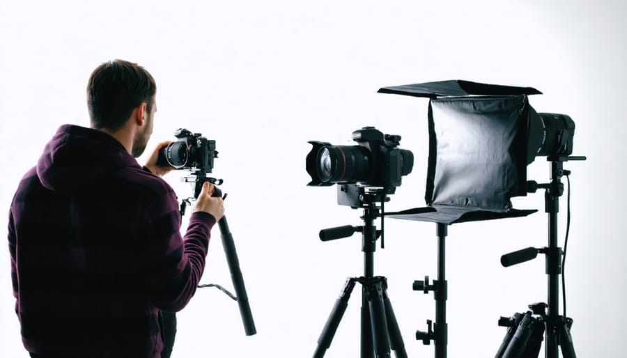 Photographer using professional equipment to capture a panoramic shot