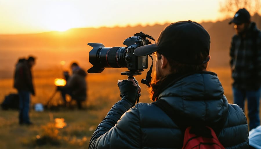 Behind the scenes of travel photography showing photographer at work during sunset
