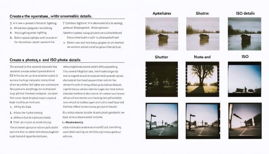 Detailed camera settings log with annotated travel photographs