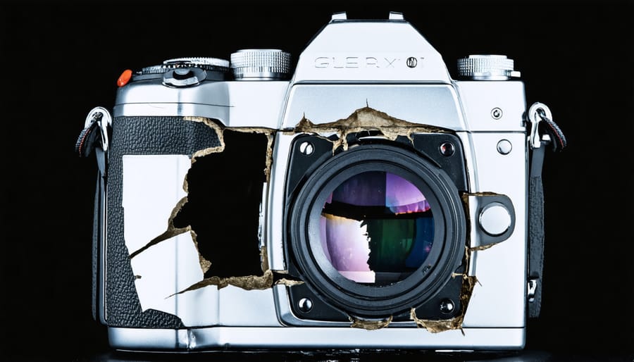 Close-up view of deteriorated light seals in a film camera back