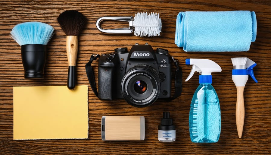 Neatly arranged film camera cleaning kit with essential maintenance tools