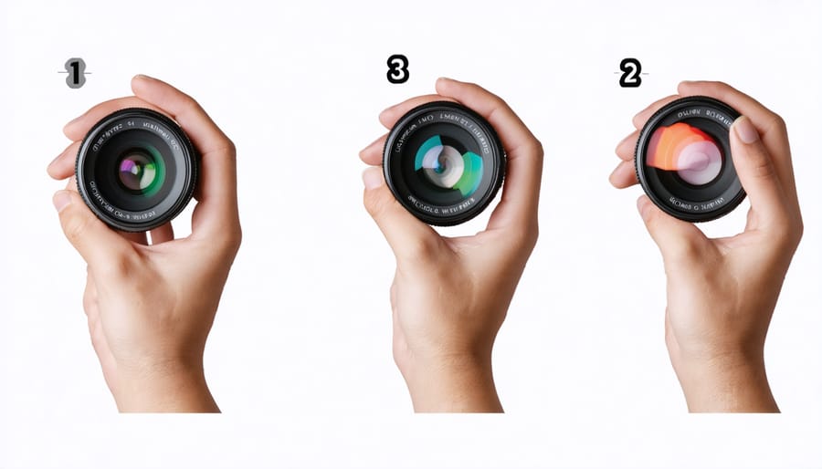 Photographer demonstrating proper lens cleaning technique using microfiber cloth and cleaning solution