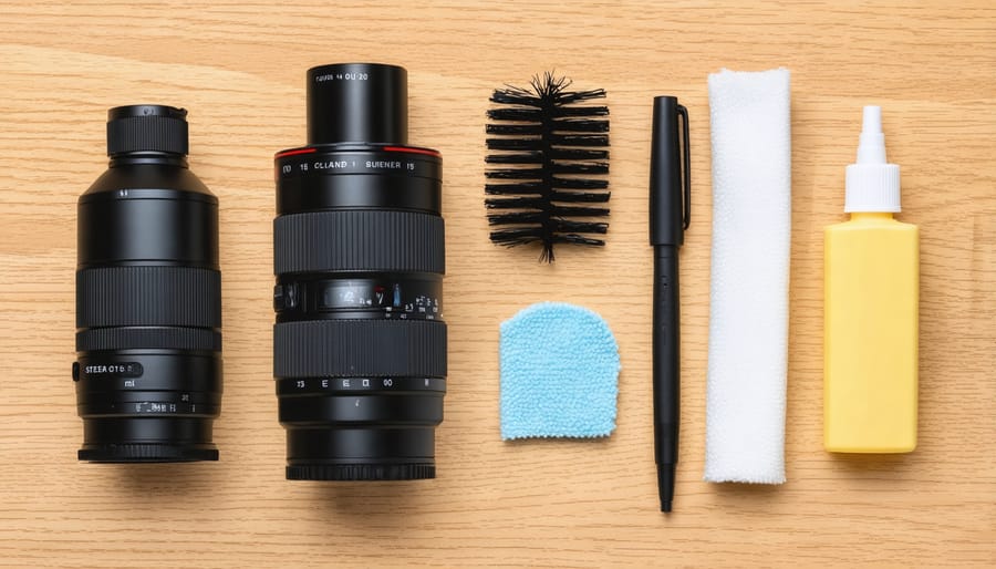 Complete camera lens cleaning kit with essential tools and solutions laid out on a clean surface