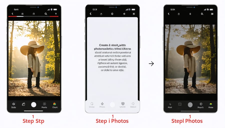 Multiple screenshots demonstrating key editing steps in the iOS Photos app interface