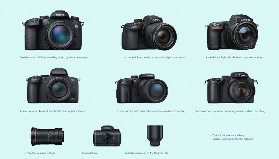 Visual diagram of essential 360-degree camera accessories including tripods, memory cards, and protective cases