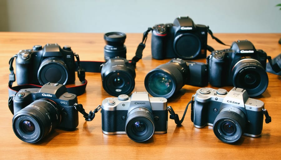 A diverse selection of 360-degree cameras displayed on a desk, representing various price points and features in the market.