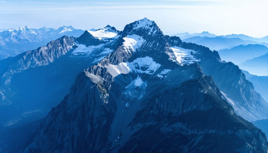 Stunning aerial view of snow-capped mountain range from helicopter