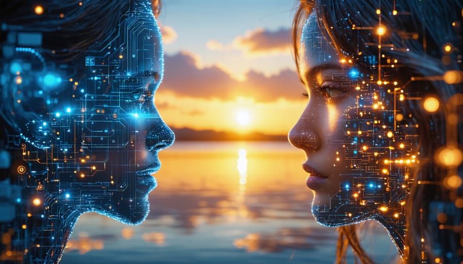Conceptual image illustrating the transformation of a photograph from poor lighting to perfect lighting using AI relighting technology, showing 3D wireframe and digital elements.