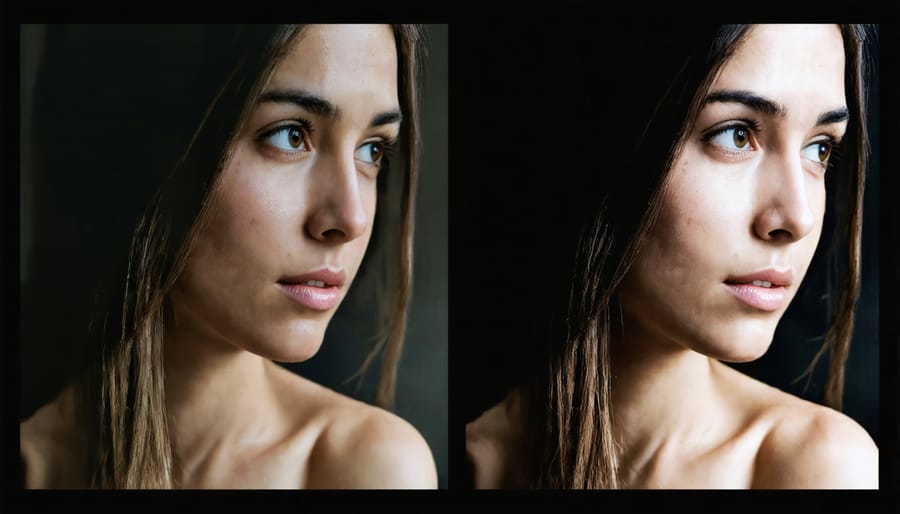 Side-by-side comparison of a portrait photo before and after AI relighting enhancement