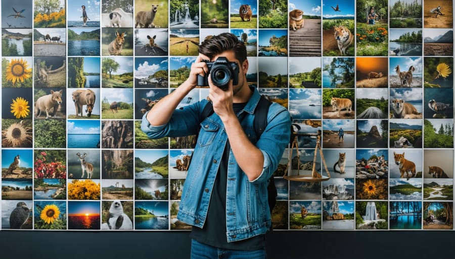 A photographer balancing a camera in one hand and a symbol of ethics in the other, surrounded by diverse subjects representing different photography genres, underscoring the theme of ethical decision-making in photography.