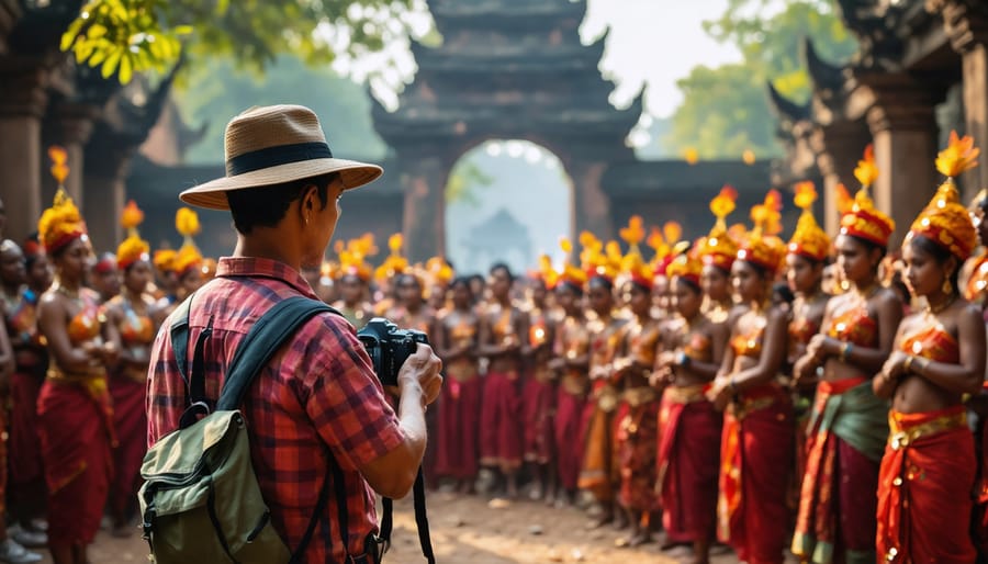 Photographer attentively documenting a vibrant cultural festival with traditional dancers in colorful attire, set against a backdrop of historic architecture.