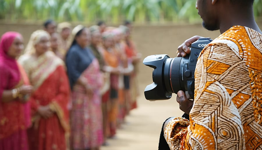 Photographer maintaining respectful distance while photographing indigenous cultural ceremony