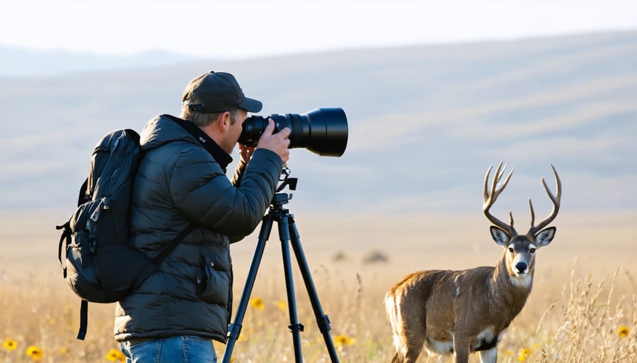 Wildlife photographer using professional equipment from safe distance to photograph birds