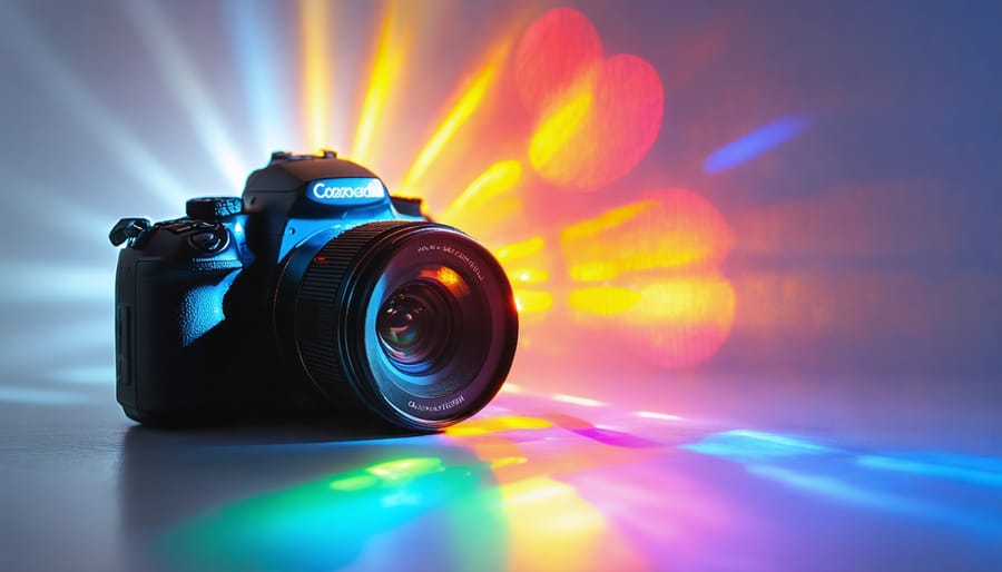 Artistic representation of a DSLR camera lens with light passing through various filters, casting vibrant colors onto a camera sensor, symbolizing transformation in photography.