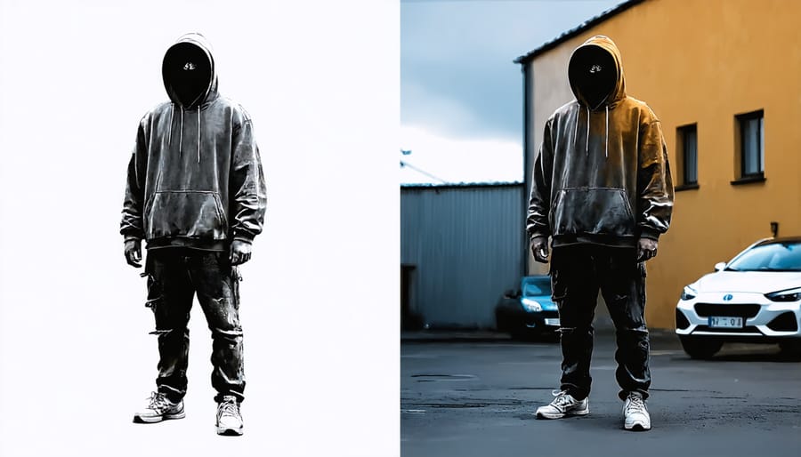 Split image showing an unedited landscape photo next to an obviously manipulated version with unrealistic colors and added elements