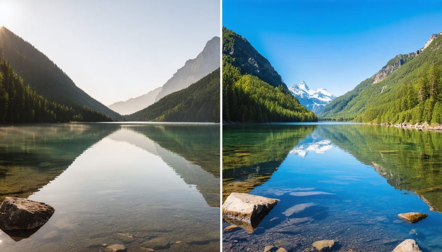 Comparison of landscape photo with polarizing filter (left) and without filter (right)