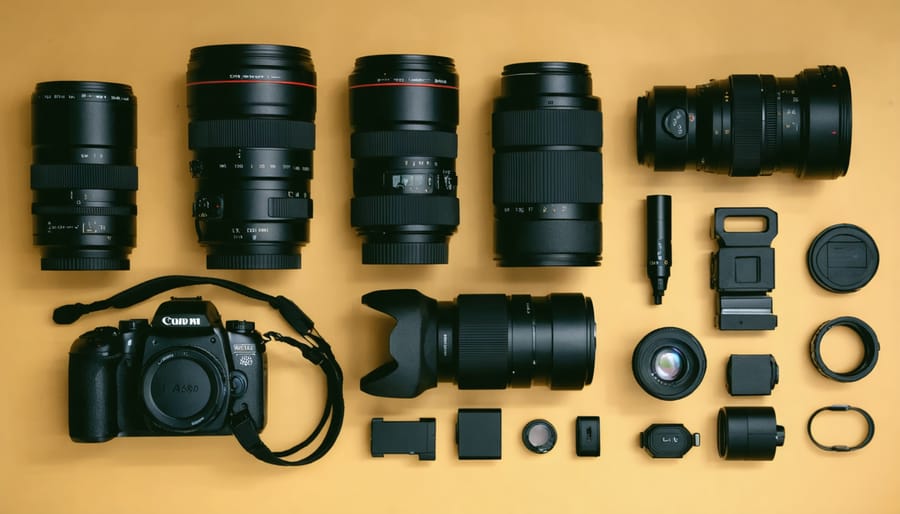 Professional photography equipment setup including camera, lighting, and mixed media elements used in post-colonial photography