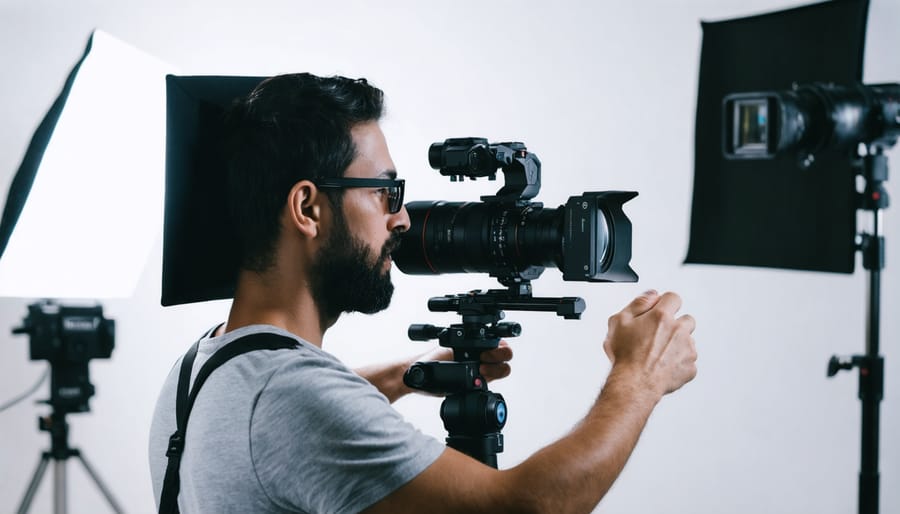 Professional filmmaker operating a professional-grade 360-degree camera with advanced rigging