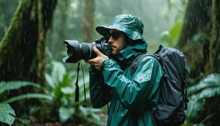 Wildlife photographer with rain-protected camera equipment in dense jungle