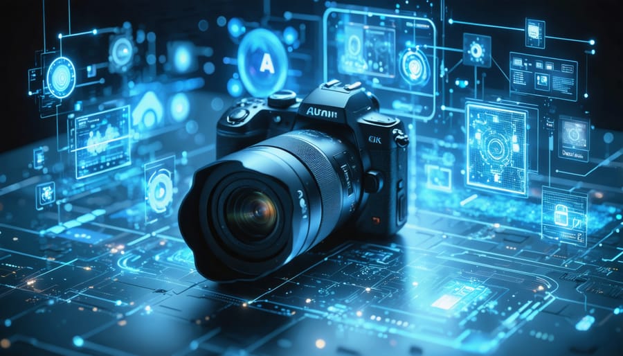 A futuristic camera surrounded by holographic displays showcasing AI and computational imaging features, symbolizing the advanced photography technology of 2024.