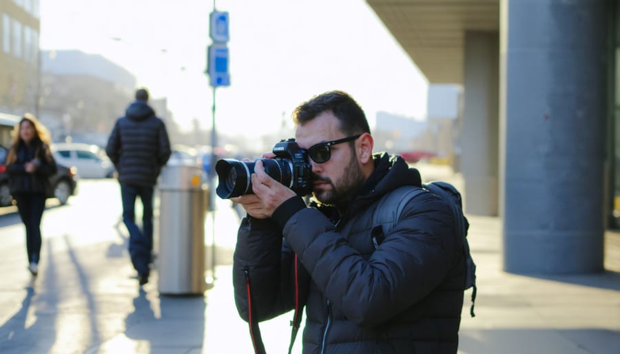 Photographer showing camera screen to subject and getting verbal consent on busy street