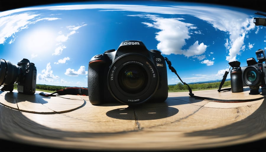Professional 360-degree camera rig with VR headset and control equipment