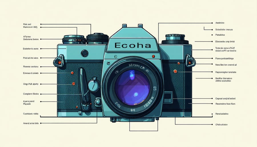 Technical illustration highlighting key maintenance points on vintage video camera