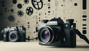 Artistic representation of a 1960s video camera, illustrating the Sony Portapak with its separate recorder unit, symbolizing the transition from traditional film to modern video technology.