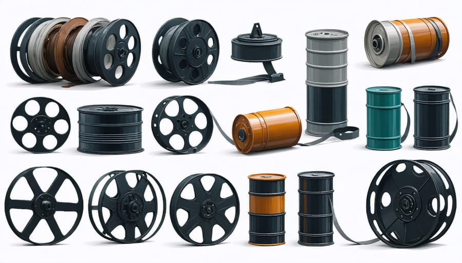 Assorted vintage 8mm film reels and metal storage canisters arranged on wooden surface