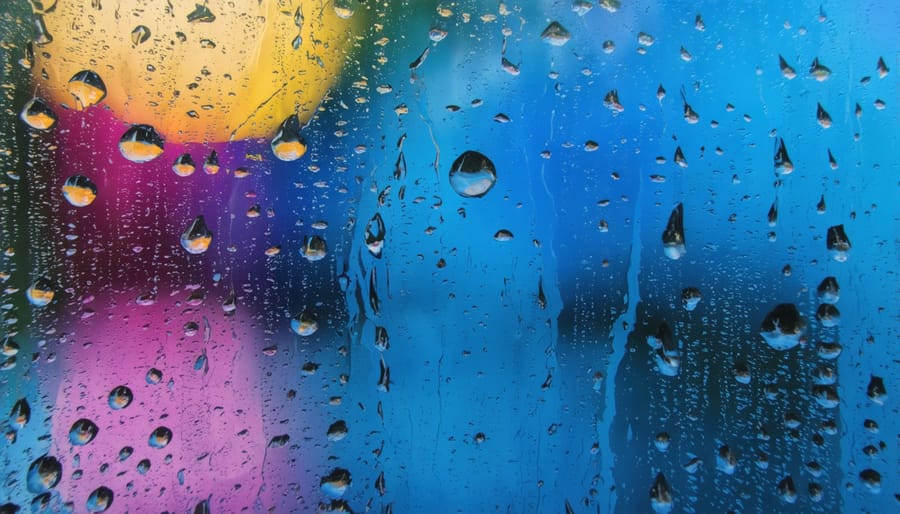 Macro photograph of water droplets forming abstract patterns with colorful reflections