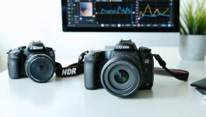 A DSLR camera with graphical overlays depicting advanced photography features like autofocus points, exposure graphs, and HDR layers, symbolizing the transformation of photography through technology.
