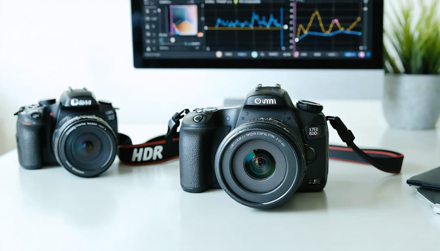 A DSLR camera with graphical overlays depicting advanced photography features like autofocus points, exposure graphs, and HDR layers, symbolizing the transformation of photography through technology.