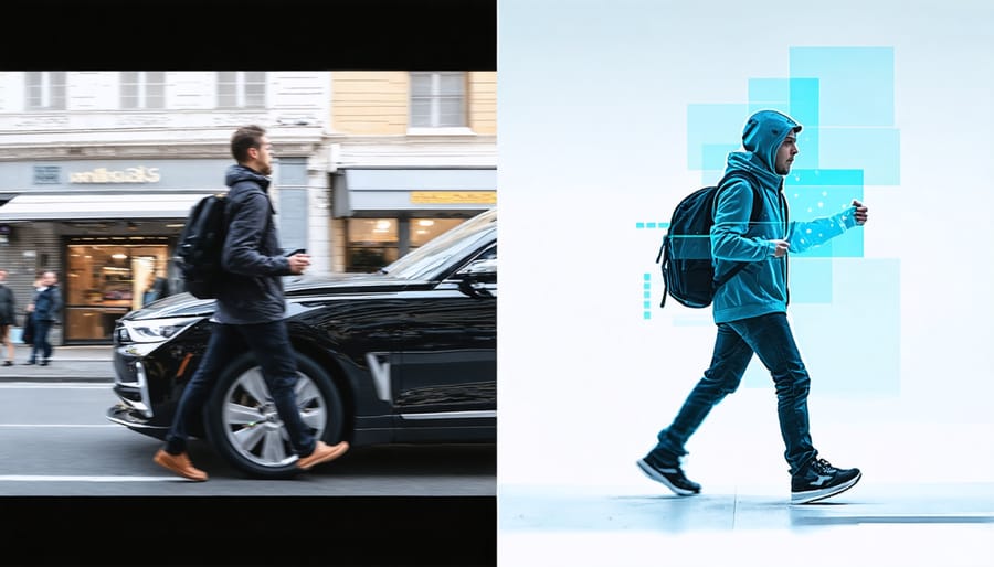 Side-by-side comparison demonstrating traditional autofocus versus AI-powered eye tracking on a moving subject