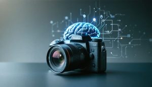 Depiction of a modern digital camera with a digital brain overlay on its lens, representing AI-driven autofocus and photography revolution.
