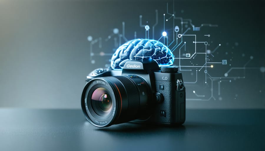 Depiction of a modern digital camera with a digital brain overlay on its lens, representing AI-driven autofocus and photography revolution.