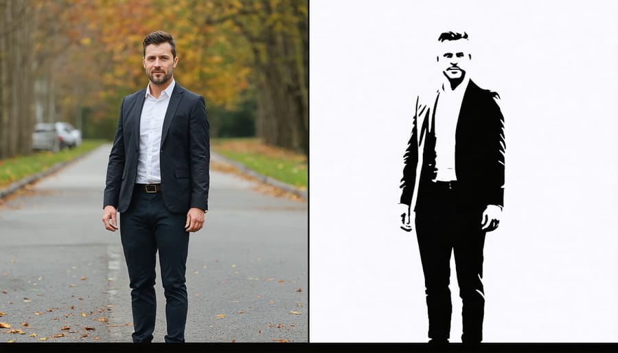 Side-by-side comparison of a portrait photo showing original and AI-enhanced versions
