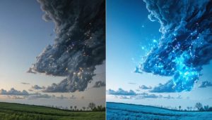 A split-screen comparison of a photograph before and after AI editing, highlighting dramatic improvements in sky and detail enhancement, representing the transformative power of AI tools.