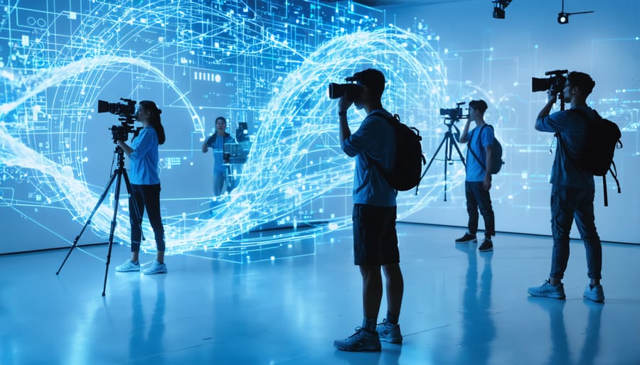 An AI-powered gimbal surrounded by digital code and motion paths, symbolizing its advanced tracking and stabilization features, with silhouettes of diverse content creators utilizing the technology in action-packed settings.