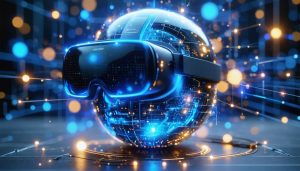 Conceptual image depicting the integration of artificial intelligence with virtual reality photography, showing a 3D sphere with digital neural networks and light trails interacting with it.