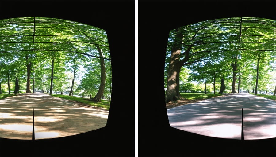 Before and after comparison of AI-enhanced VR photography showing improved lighting and composition
