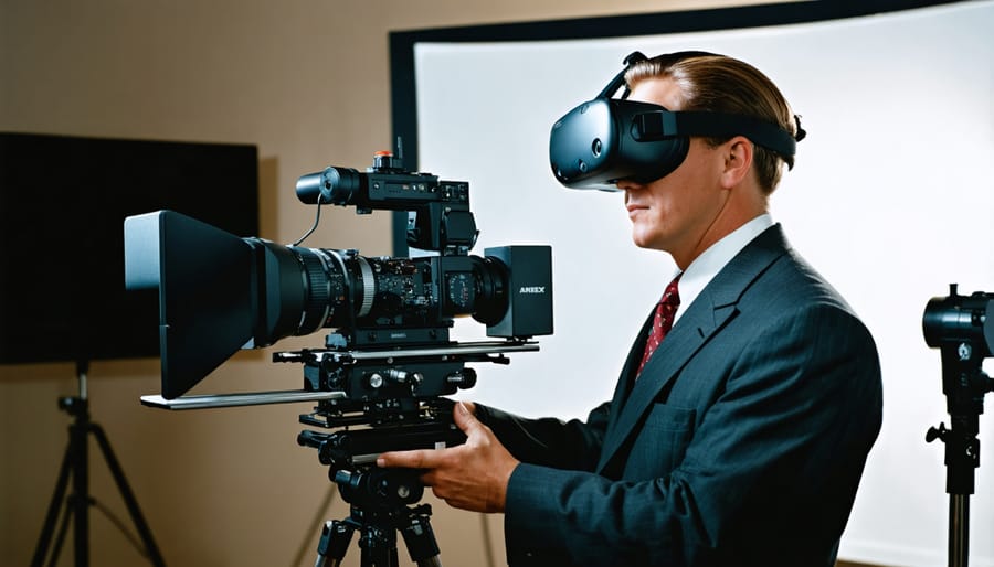 Television cameraman operating an Ampex VR-3000 professional video camera in studio setting