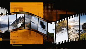 Collage depicting the legacy of APS film, featuring symbols of film rolls and cartridges, multiple aspect ratio photos, and elements of transition to digital photography.