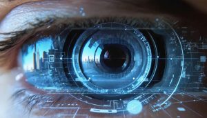 A futuristic camera lens surrounded by digital overlays, 3D objects, and virtual lighting effects, illustrating the blend of augmented reality with traditional photography.