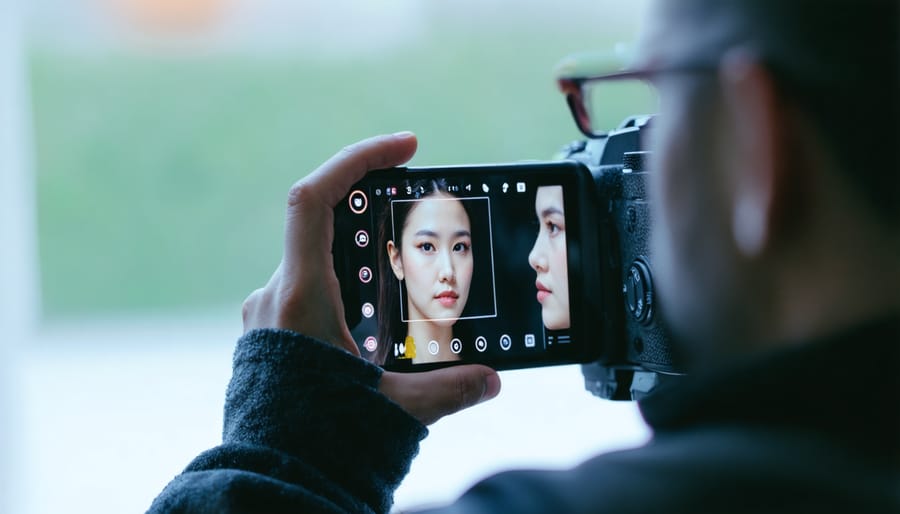 AR-assisted portrait photography session showing real-time facial recognition and lighting guides