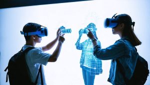 Students in a classroom using AR and VR headsets, interacting with virtual 3D camera models and overlays demonstrating composition guides, highlighting the fusion of digital and physical realms in photography education.